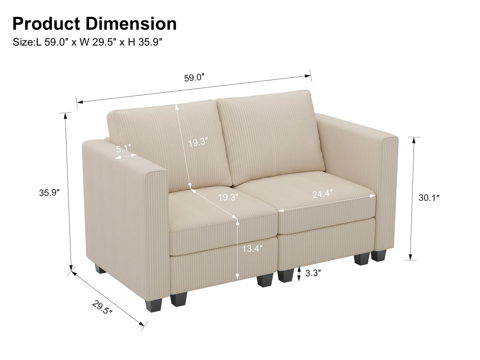 Belffin Corduroy Loveseat, Luxury Modular Love Seat with Storage, Modern Couch for Living Room, Beige