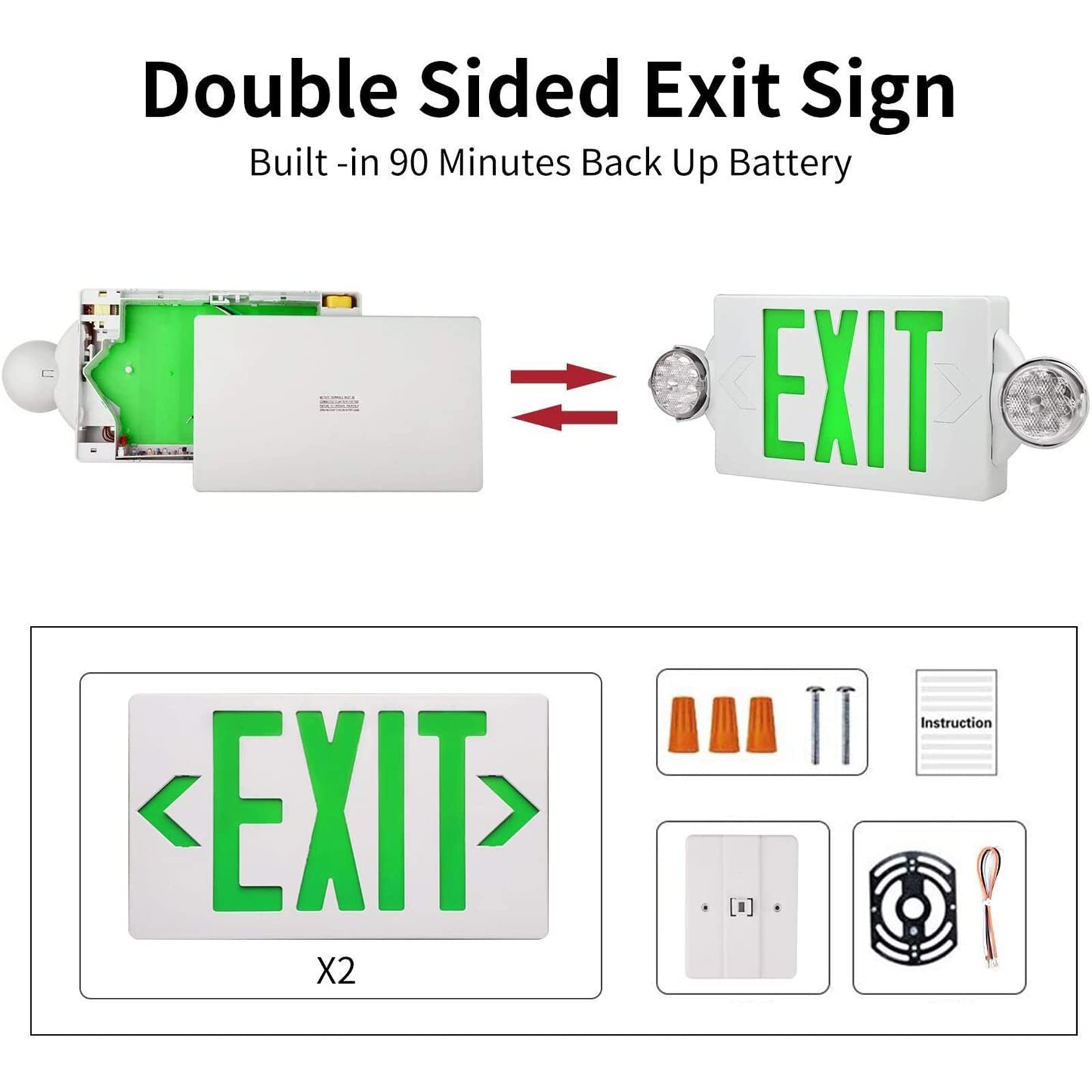 VTYXCTIGJ Green LED Exit Sign Emergency Lights with 2 Adjustable Head Lights, Green Letter Emergency Exit Light with Battery Backup for Restaurant, Commercial, Family Emergency, UL-Listed