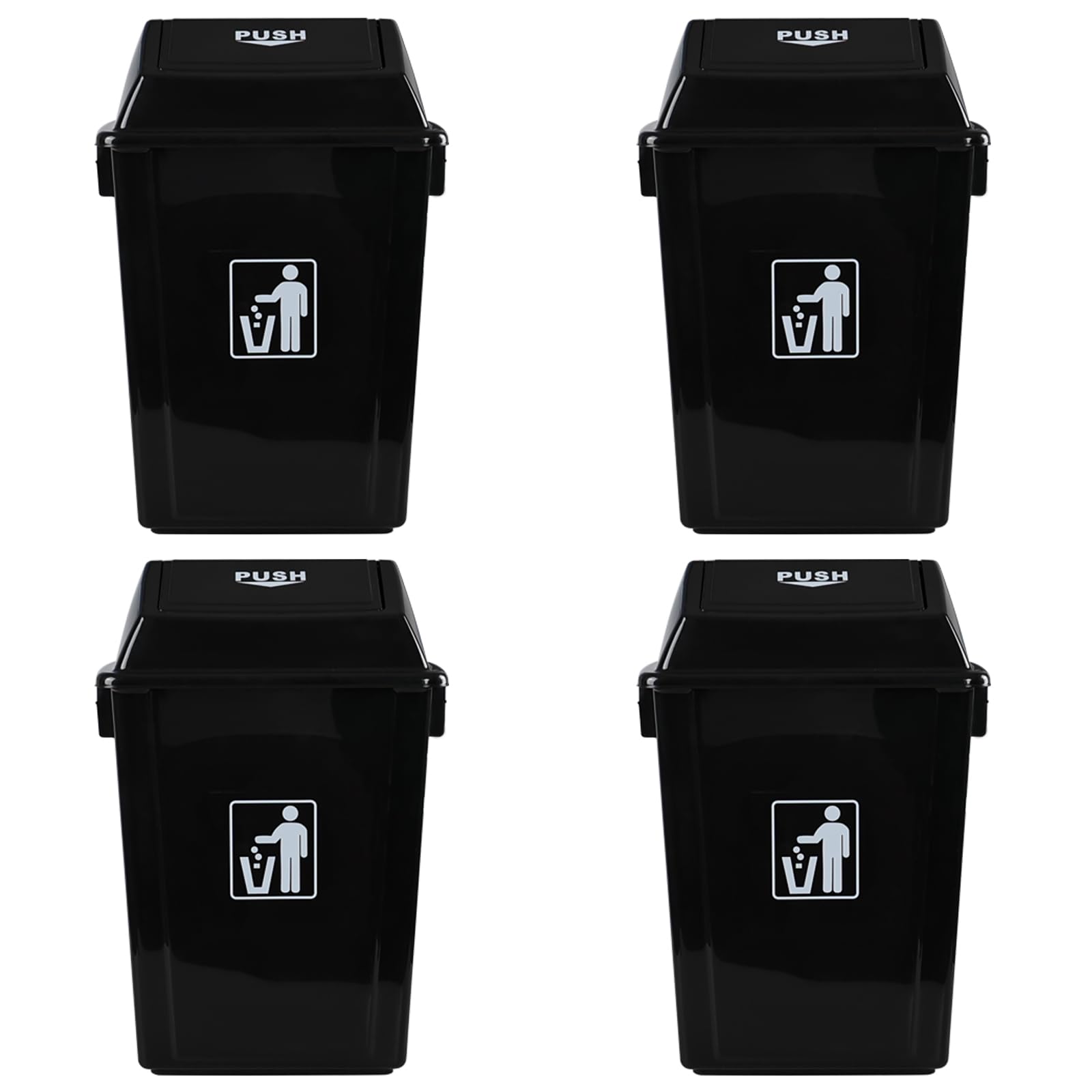 Yuright 13 Gallon Plastic Trash Bin with Swing Lid, Black Large Garbage Can, 4 Pack