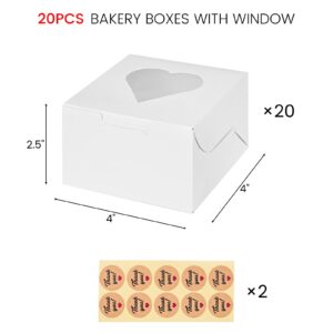 VGOODALL 20PCS Mini Bakery Boxes, 4"x 4"x 2.5" Small Treat Boxes with Window White Cookie Boxes for Cupcakes Pastry Strawberries Dessert