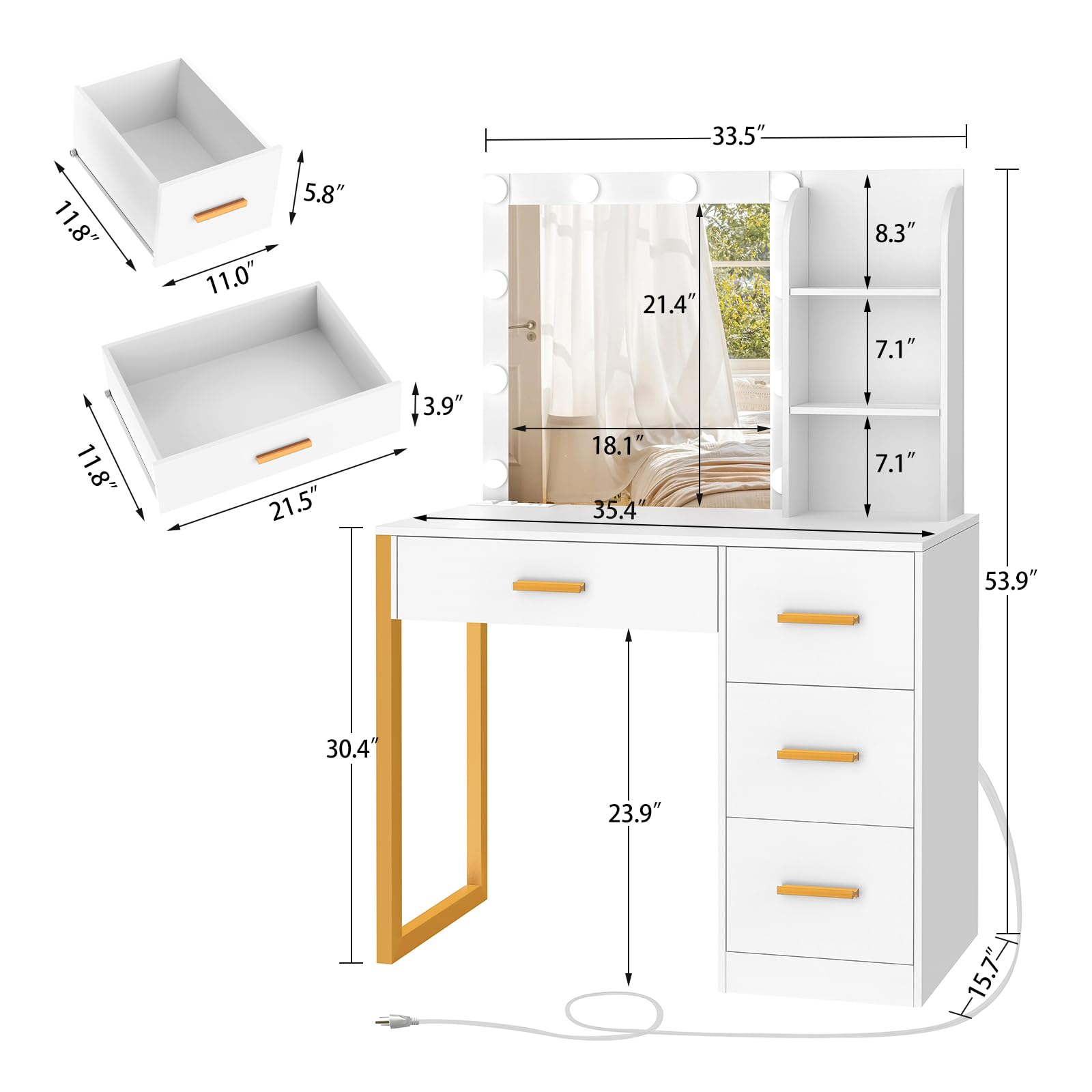 Quimoo Makeup Vanity Desk with Mirror & Lights, Vanity Desk with 4 Drawers & Power Outlet, Vanity Table with Open Storage Shelves, 3 Color Modes & Adjustable Brightness Dressing Table, Bedroom