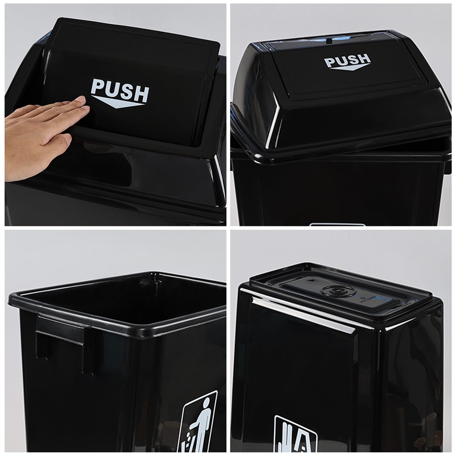 Yuright 13 Gallon Plastic Trash Bin with Swing Lid, Black Large Garbage Can, 4 Pack