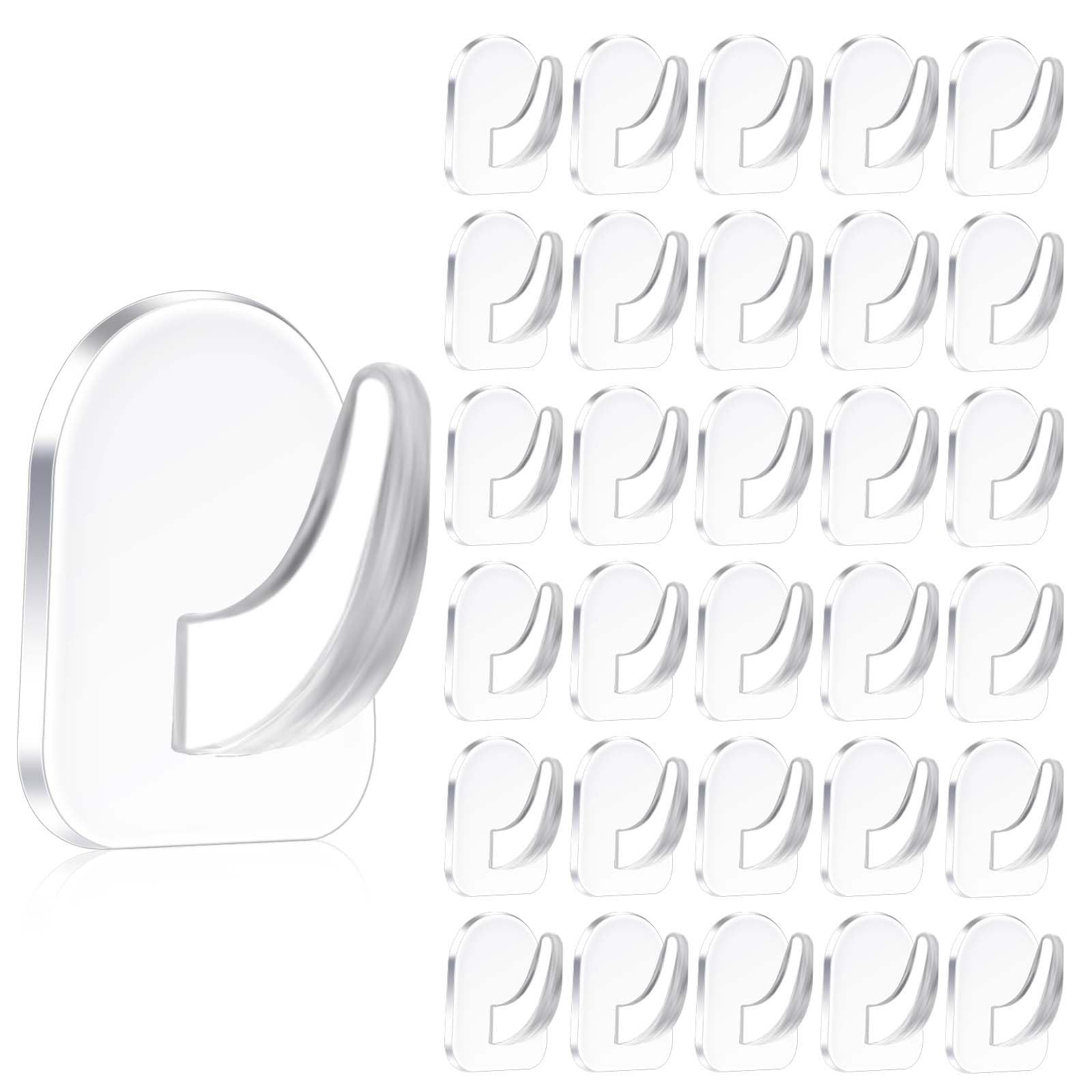 Molain 30 Pack Clear Adhesive Hooks for Hanging, Transparent Reusable Heavy Dut Acrylic Adhesive Hooks with Traceless Stickers Drill-Free Wall Hooks for Kitchen Bathroom Bedroom Office