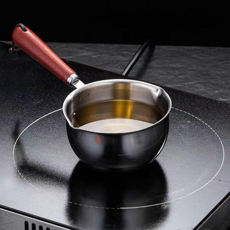 YNeedM 3Pcs Set 150ml+200ml+300ml Hot Oil Pan Stainless Steel Butter Warmer Pan Milk Warmer Pot with Wood Handle