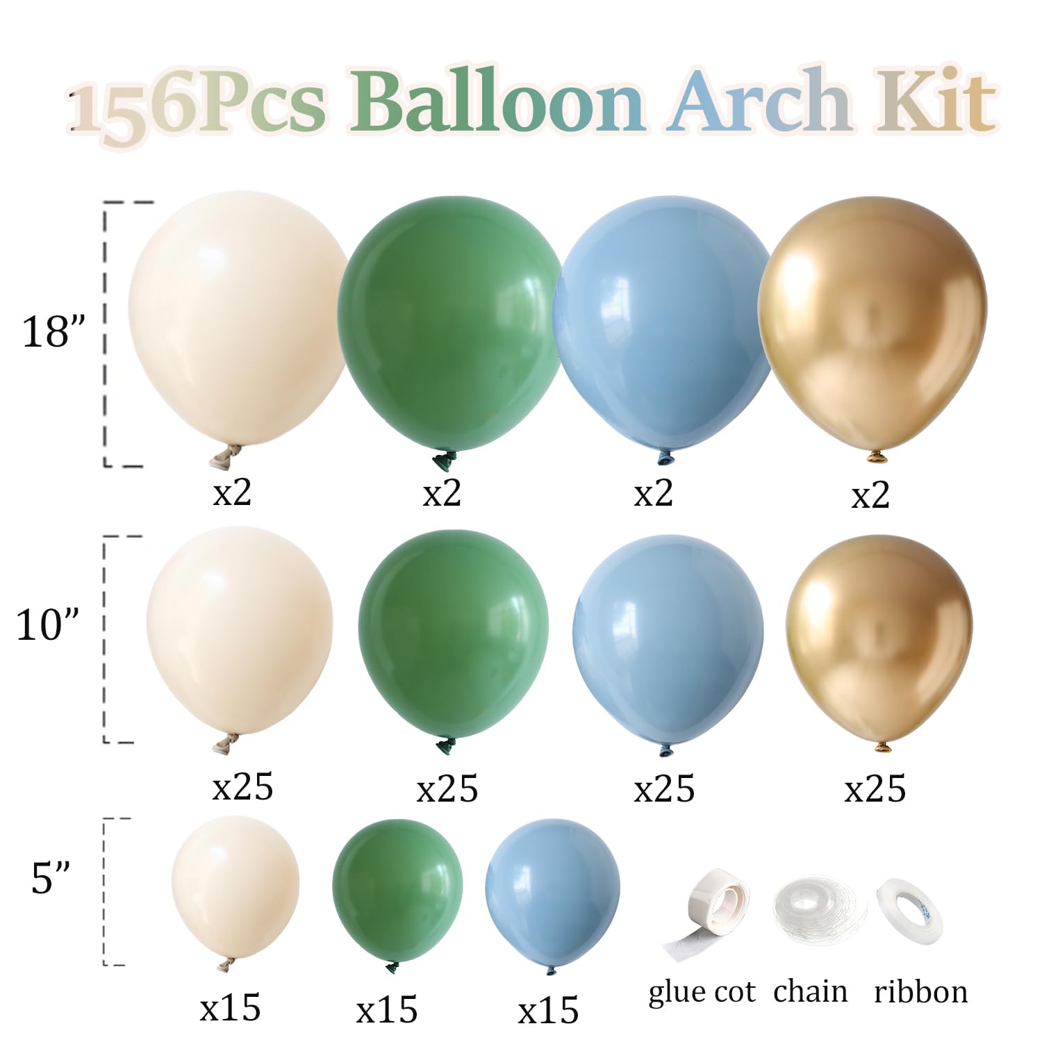 Sage Green Balloon Garland Arch Kit, 156pcs Avocado Green White Sand Gold Dusty Blue Balloons for Baby Shower Boho Bridal Shower Birthday Communion Party Wedding Decorations