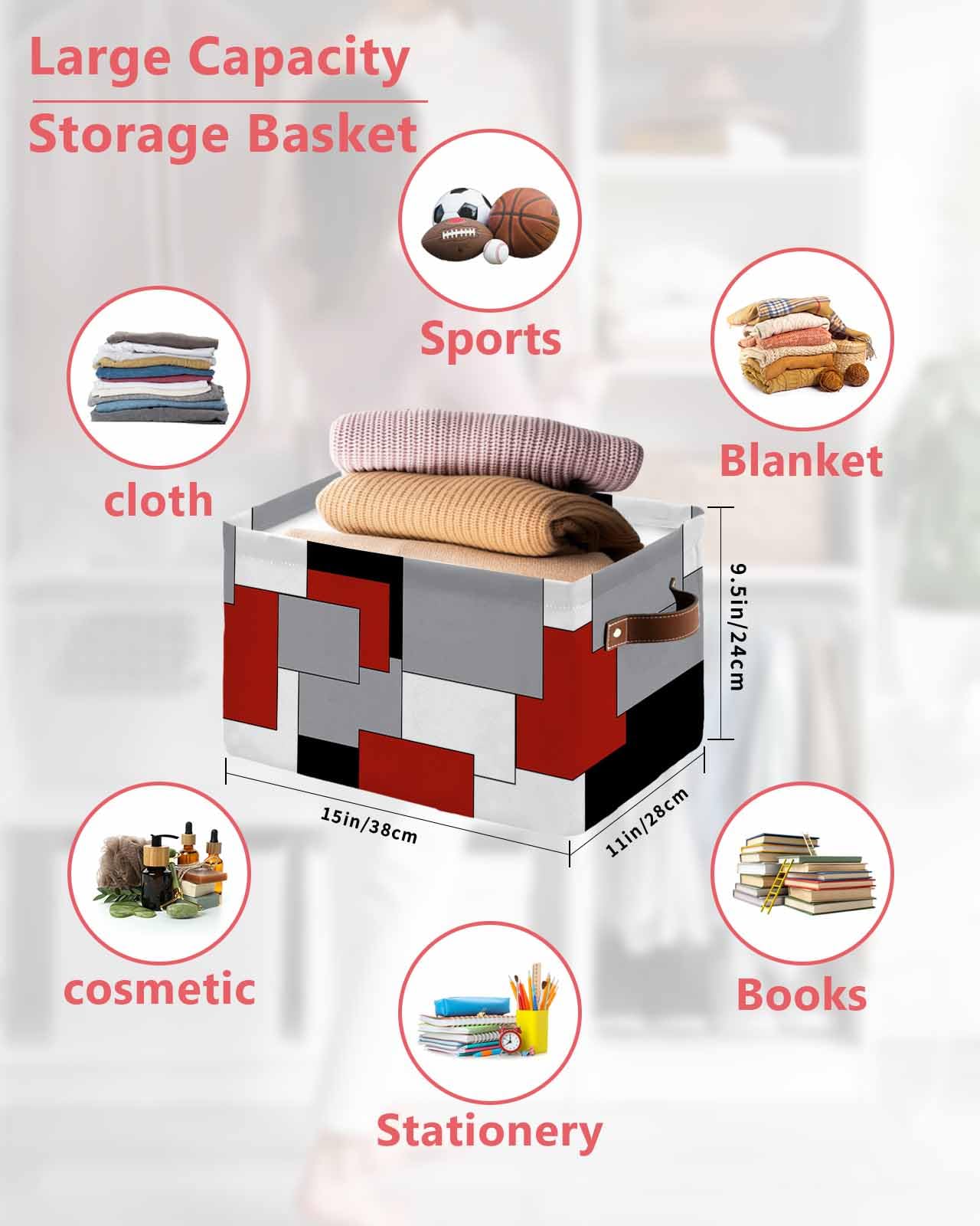 Abstract Storage Basket Large Foldable Storage Bins with Handles Geometric Mid Century Red Nordic Waterproof Fabric Laundry Baskets for Organizing Shelves Closet Toy Gifts Bedroom Home Decor