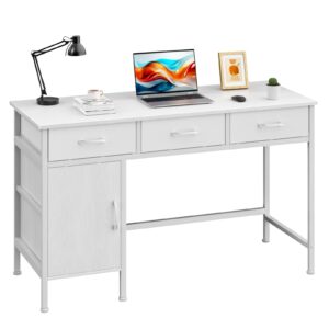 korfile white desk with storage cabinet and 3 fabric drawers, 39 inch home office desk for writing study gaming, small computer table with storage space, modern vanity desk for bedroom