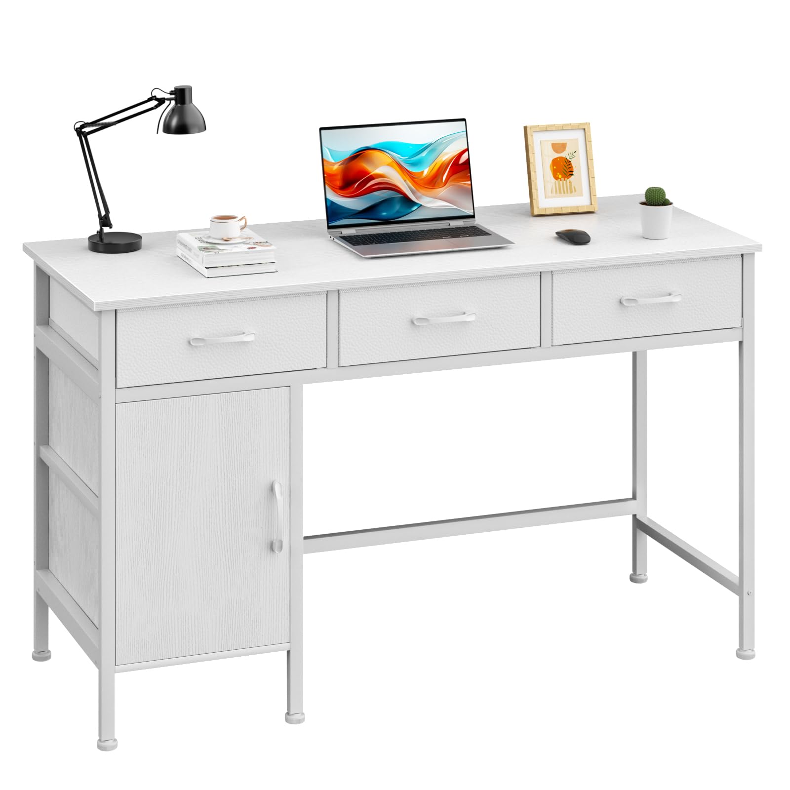 Korfile White Desk with Storage Cabinet and 3 Fabric Drawers, 39 Inch Home Office Desk for Writing Study Gaming, Small Computer Table with Storage Space, Modern Vanity Desk for Bedroom