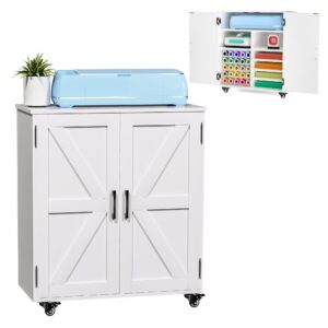 craft organization and storage rolling cart compatible with all cricut machines, modern farmhouse craft cabinet with 25 vinyl roll holders, craft table with barn door for cricut accessories storage