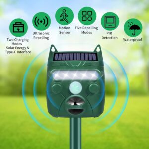 2 Pcs Solar Ultrasonic Animal Repellent 2024 Deer Repellent Devices with Flash Light Motion Sensor Alarm for Cat Squirrel Dog Raccoon Skunk Deer Rabbit, Safe Cat Deterrent Outdoor for Lawn Yard