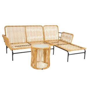 CABSETT 3-Pieces All-Weather Outdoor Patio L-Shape Sofa Set with Round Coffee Table and 3.15-inches Thick Cushion for Backyard, Poolside, Garden, Light Yellow