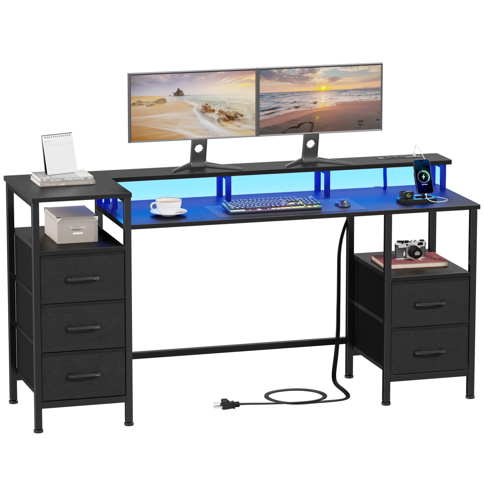 Korfile Computer Desk with Power Outlets & LED Lights, Reversible Gaming Desk with 5 Fabric Drawers for Bedroom, 55 Inch Home Office Desk with Monitor Stand & Storage Shelves for Working, Black