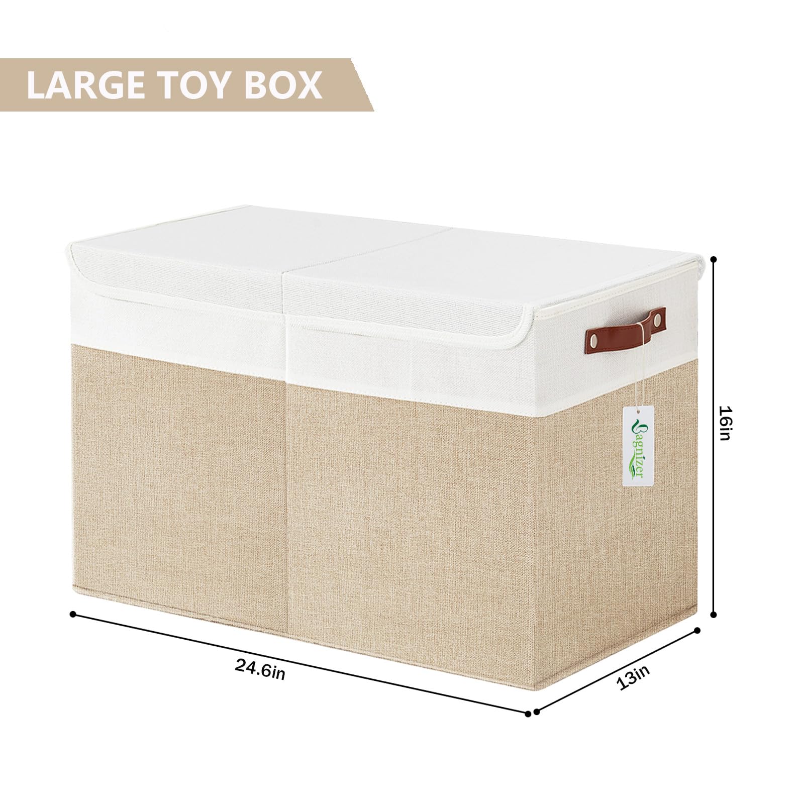 Bagnizer Large Toy Storage Box with Lids, Collapsible Sturdy Baby Storage Organizer Chest Bin Basket for Kids, Boys, Girls, Playroom, Nursery, Bedroom, Closet 25"x13"x16" (Beige and White)