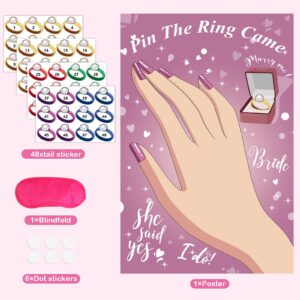 Pin The Ring on The Bride Game Bridal Shower Games, Large Bridal Games Poster with 48 Stickers for Wedding Shower Bachelorette Party Games Girls Night Engagement Bachelorette Party Decorations