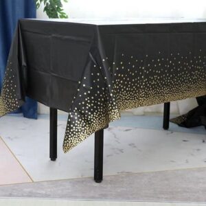 ZJDHPTY 3Pack Plastic Table Cloth Disposable for Rectangle Tables, Table Cover Black and Gold Party Decorations for Birthday Graduation Retirement New Year Size 54x108 Inch (Black+Gold Dot)