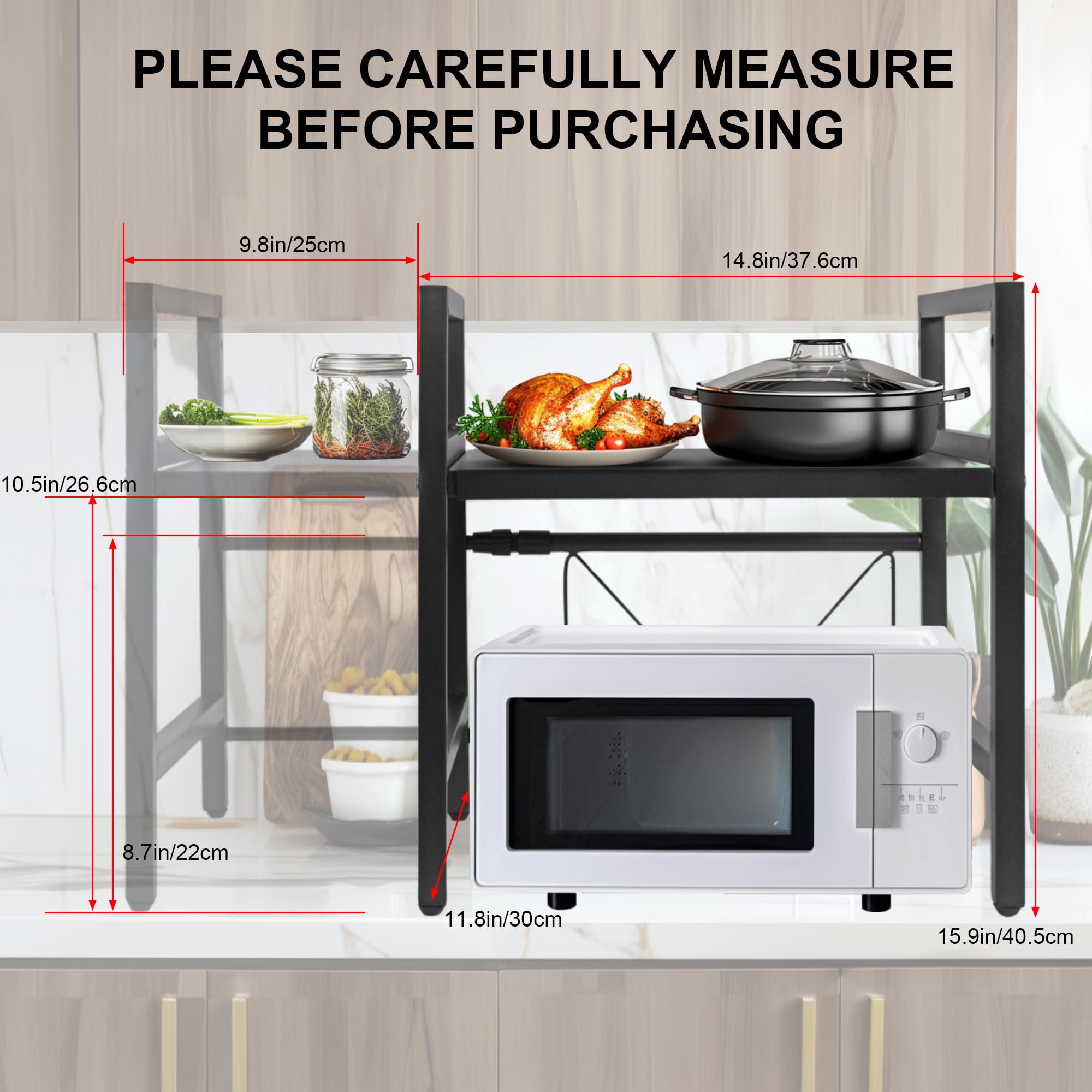 pelreame Microwave Rack,with Hook Expandable Small Microwave Stand,Kitchen Countertop Utensils and Cutlery Organizer,Microwave Stand Countertop,Kitchen Microwave Stand with Storage Space Savers…