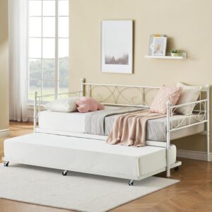 IDEALHOUSE Twin Daybed with Trundle, Metal Trundle Bed, Sofa Bed Frame, Heavy Duty Metal Slats, for Living Room, Bedroom, Guest Room, Space Saving, White