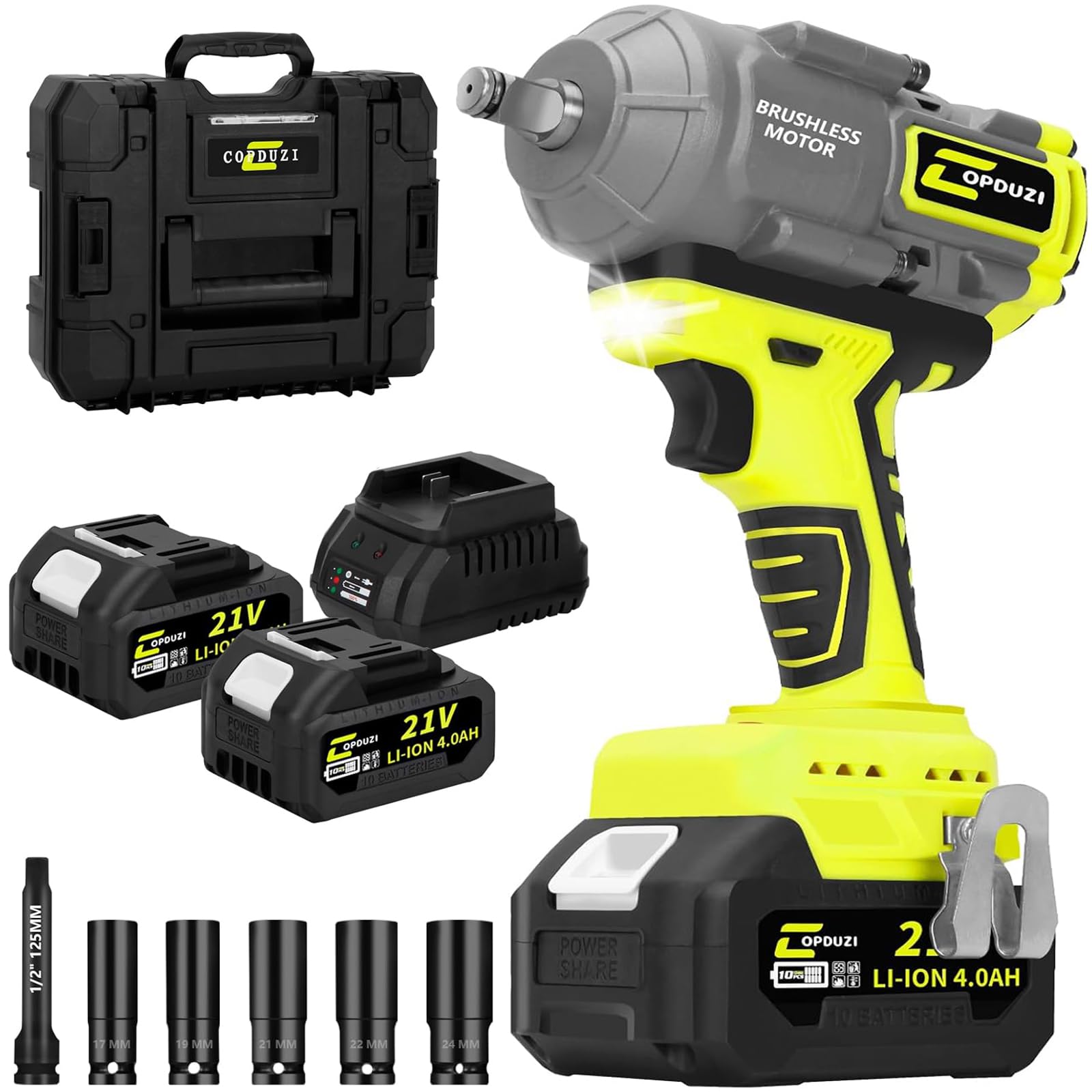 COPDUZI 1000N.m (740ft-lbs) Cordless Impact Wrench,1/2 inch Brushless Electric Impact Wrench Set,4200RPM High Torque Impact Gun with 2 x 4.0Ah Battery,Fast Charger & 5 Sockets for Car Home