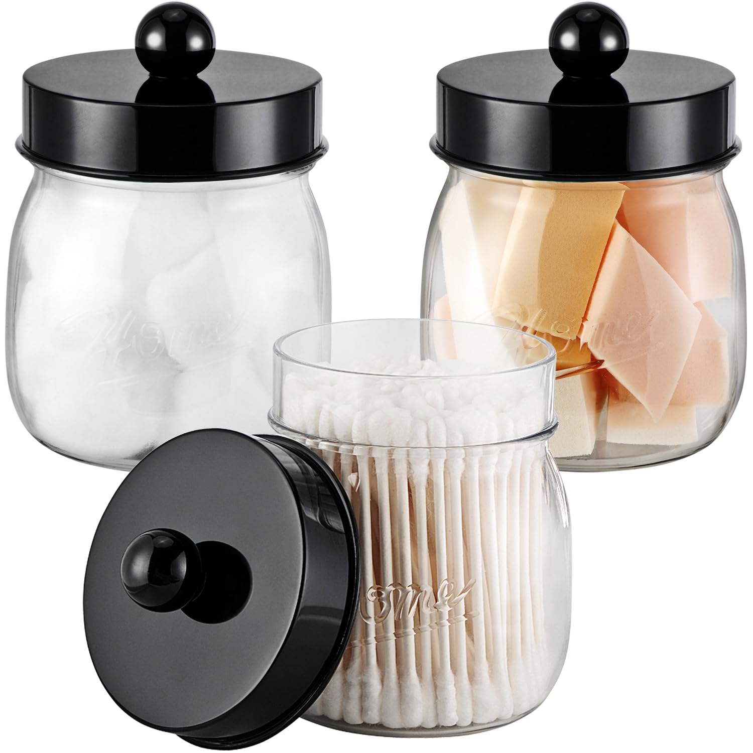 SheeChung 3 Pack Qtip Holder Bathroom Jar Set, Apothecary Mason Jar for Bathroom Vanity Home Storage Organizer, Qtip Dispenser for Cotton Swabs, Floss Picks, Farmhouse/Home Decor (Black)