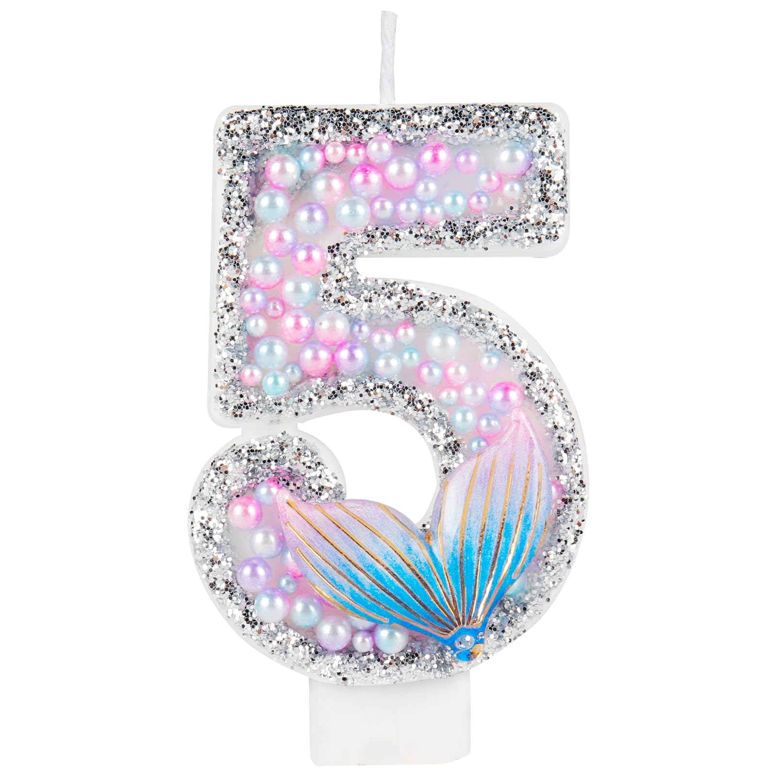 Girls Glitter Mermaid Tail Number 5 Birthday Candles,Pink Pearls Mermaid Tail Birthday Candles,Happy 5th Birthday Candles for Cake,Mermaid Themed Birthday Cake Topper Anniversary Party Decor