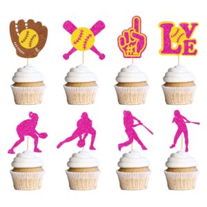 rngmsi softball cupcake toppers decorations - 40pcs softball party decorations glitter softball birthday cake decorations pink softball baby shower decor supplies softball cupcake toppers for girls