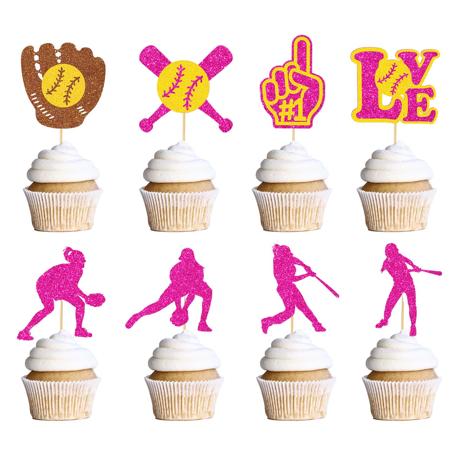 Rngmsi Softball Cupcake Toppers Decorations - 40PCS Softball Party Decorations Glitter Softball Birthday Cake Decorations Pink Softball Baby Shower Decor Supplies Softball Cupcake Toppers for Girls