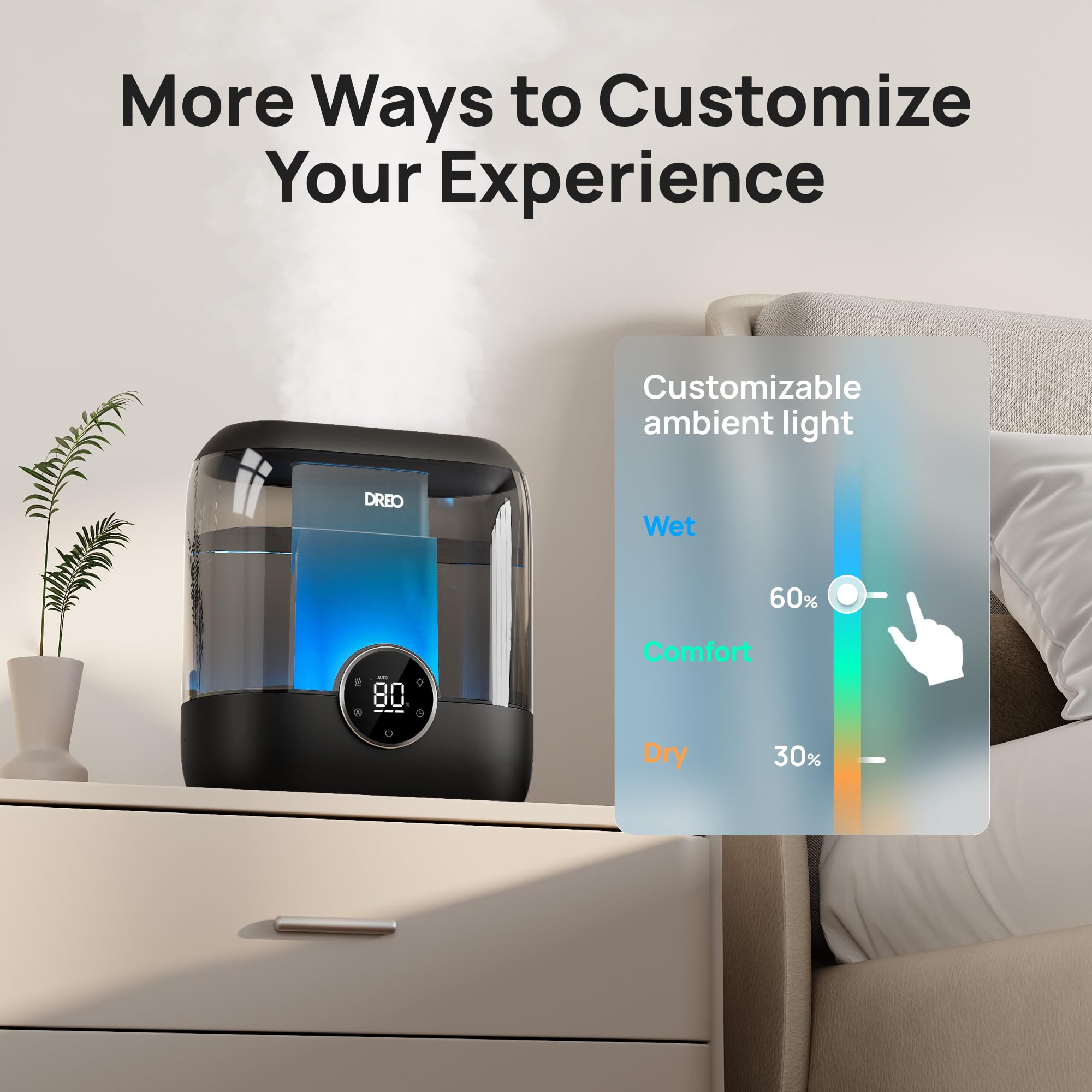 Dreo Smart Humidifiers for Bedroom, 6L Top Fill Supersized Cool Mist Humidifier for Large Room, 60 Hour Runtime, Quiet Ultrasonic Humidifiers for Plants, Baby, Indoor, Home, Night Light, Black