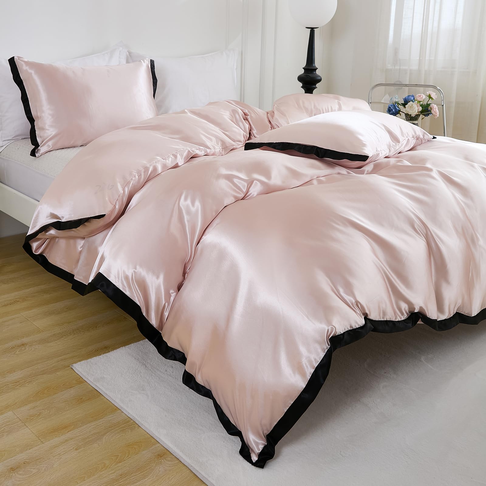 Pink Satin Duvet Cover Set Extra Comfy Silky Bedding Set Black Fringe Elegant Design Soft Smooth Luxury Silk Like Satin Queen Duvet Cover Set