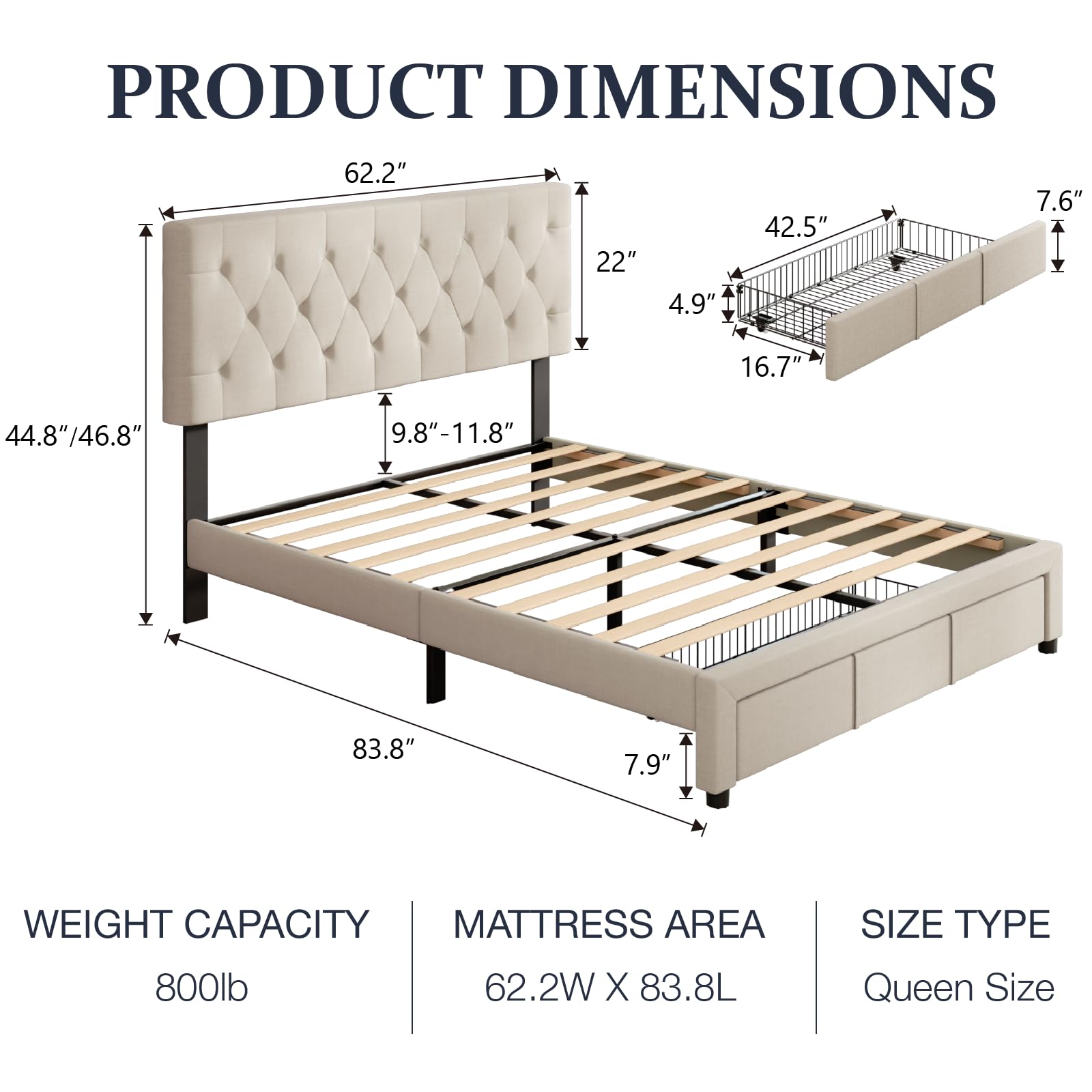 Queen Size Bed Frame with Storage, Queen Bed Frame with Headboard Adjustable, Upholstered Platform Bed Frame with Drawers, Mattress Foundation with Wooden Slats Support, No Box Spring Needed, Beige