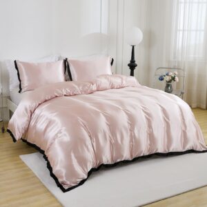 Pink Satin Duvet Cover Set Extra Comfy Silky Bedding Set Black Fringe Elegant Design Soft Smooth Luxury Silk Like Satin Queen Duvet Cover Set