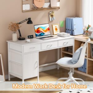 Korfile White Desk with Storage Cabinet and 3 Fabric Drawers, 39 Inch Home Office Desk for Writing Study Gaming, Small Computer Table with Storage Space, Modern Vanity Desk for Bedroom