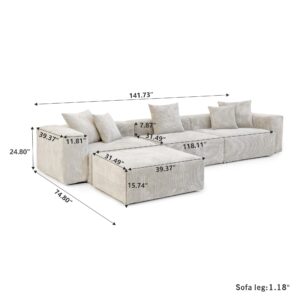 Sdorens 141" Modular Sectional Sofa, L-Shaped Couch 3 Seater with Ottoman, Oversized Corduroy Modern Modular Sofa with 5 Pillows for Living Room, Office, Beige