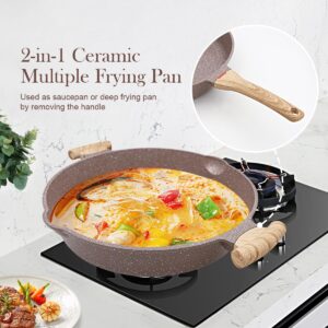 AIKENBBKK 2-In-1 Ceramic Nonstick Deep Frying Pan Skillet, 12.5 Inch Saute Pan with Lid Non Toxic, PTFE & PFOA Free, Compatible with All Stovetops- Brown