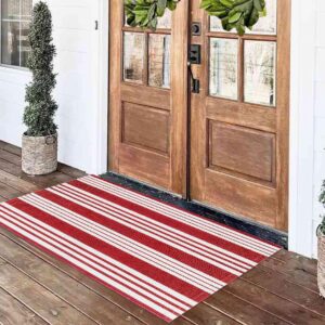 Striped Outdoor Rug for Porch 24"x51" Red and White Front Porch Rug Layered Doormat Cotton Woven Washable Throw Carpet for Hallway/Front Steps/Bathroom/Kitchen/Home Entrance