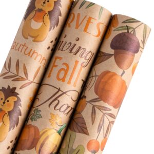 WRAPAHOLIC Kraft Fall Wrapping Paper - Mini Roll - 3 Rolls - 17 Inch x 120 Inch - Pumpkin, Hedgehog and Thanksgiving Lettering Design for Thanksgiving, Autumn, Party, Holiday