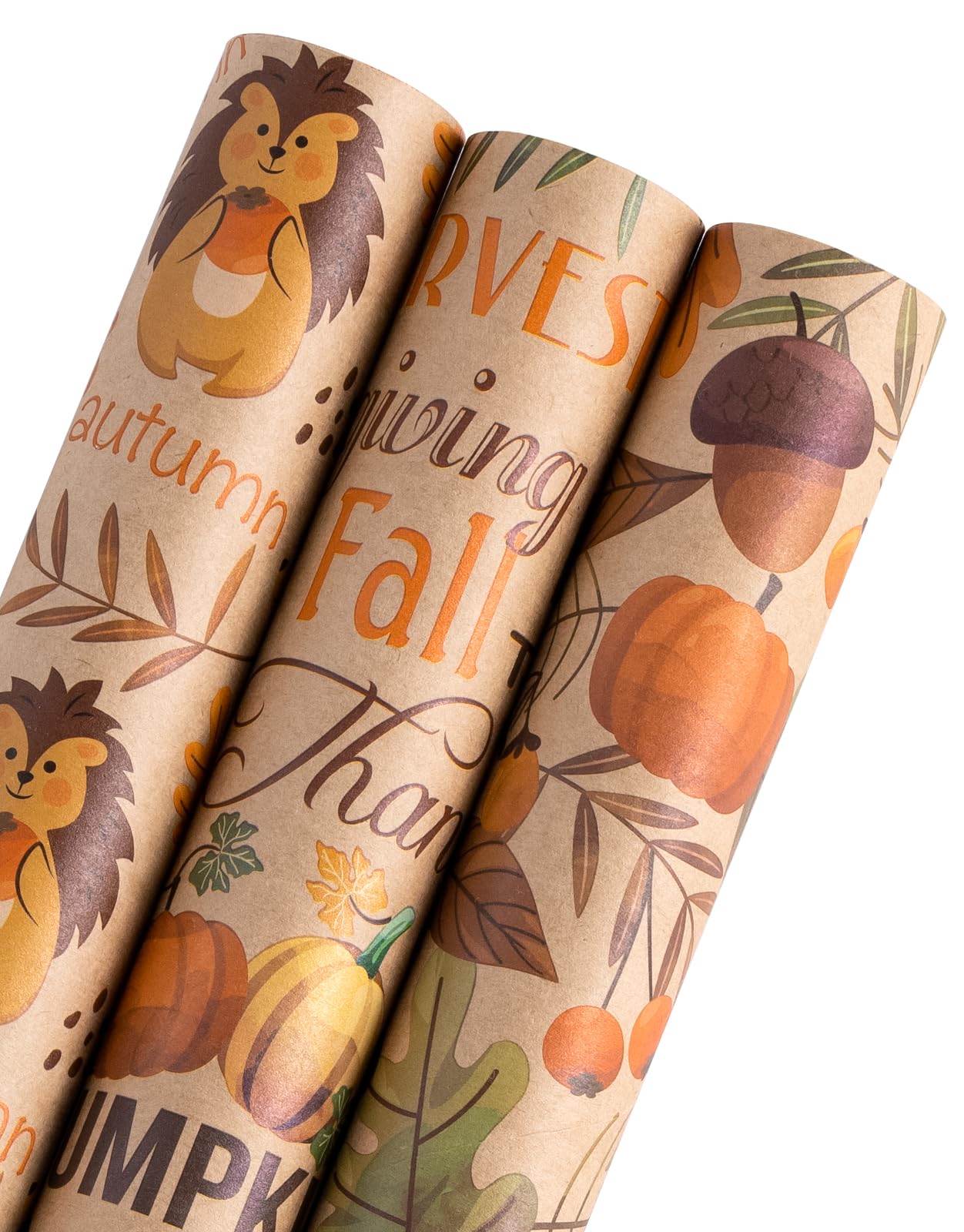 WRAPAHOLIC Kraft Fall Wrapping Paper - Mini Roll - 3 Rolls - 17 Inch x 120 Inch - Pumpkin, Hedgehog and Thanksgiving Lettering Design for Thanksgiving, Autumn, Party, Holiday