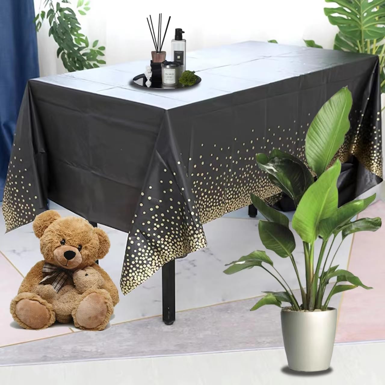 ZJDHPTY 3Pack Plastic Table Cloth Disposable for Rectangle Tables, Table Cover Black and Gold Party Decorations for Birthday Graduation Retirement New Year Size 54x108 Inch (Black+Gold Dot)