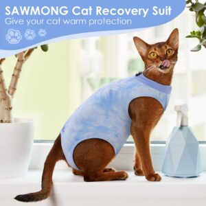 SAWMONG Cat Surgery Recovery Suit,Breathable Cat Onesie After Surgery Spay Surgical,E-Collar Alternative Non-Lick Pet Body Suit Blue M