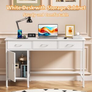 Korfile White Desk with Storage Cabinet and 3 Fabric Drawers, 39 Inch Home Office Desk for Writing Study Gaming, Small Computer Table with Storage Space, Modern Vanity Desk for Bedroom