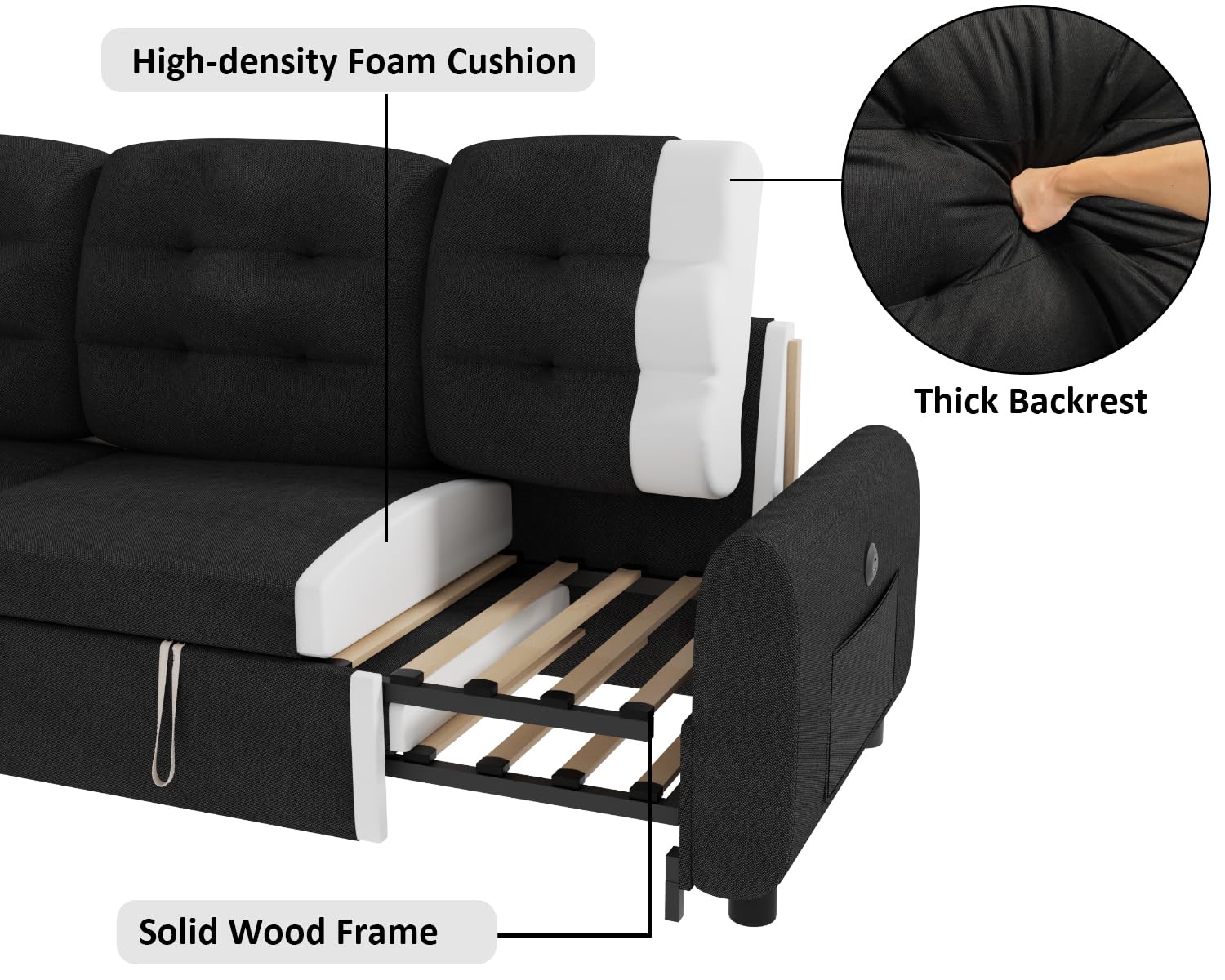 Ucloveria Sectional Sofa Couch, 87" Sleeper Sofa Bed with Reversible Storage Chaise Pull Out Couch for Living Room | Side Pocket | Charging Station | Removable Backrest | Linen Fabric, Black