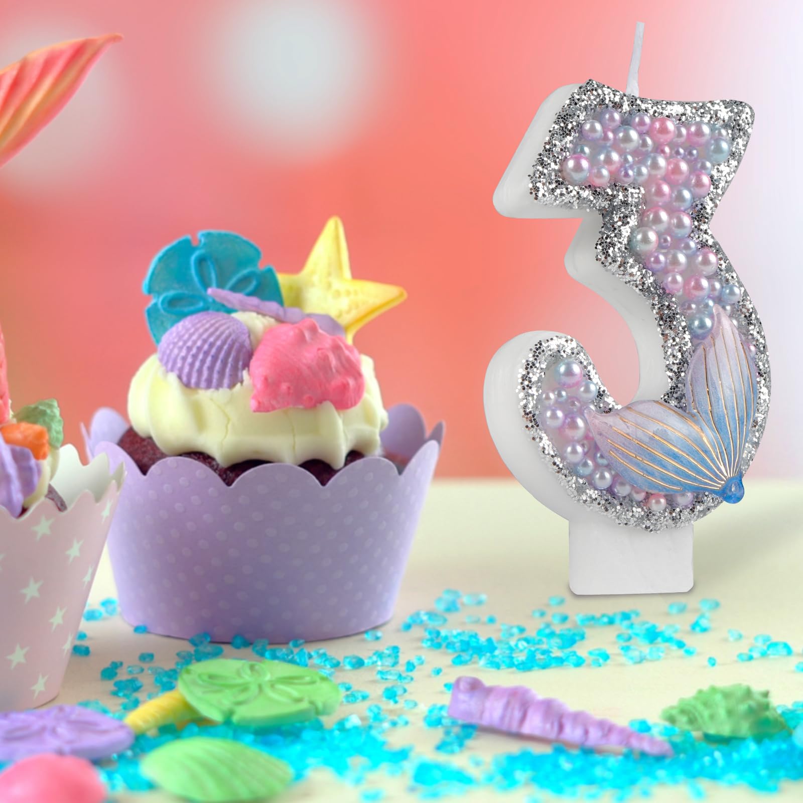 Girls Glitter Mermaid Tail Number 5 Birthday Candles,Pink Pearls Mermaid Tail Birthday Candles,Happy 5th Birthday Candles for Cake,Mermaid Themed Birthday Cake Topper Anniversary Party Decor