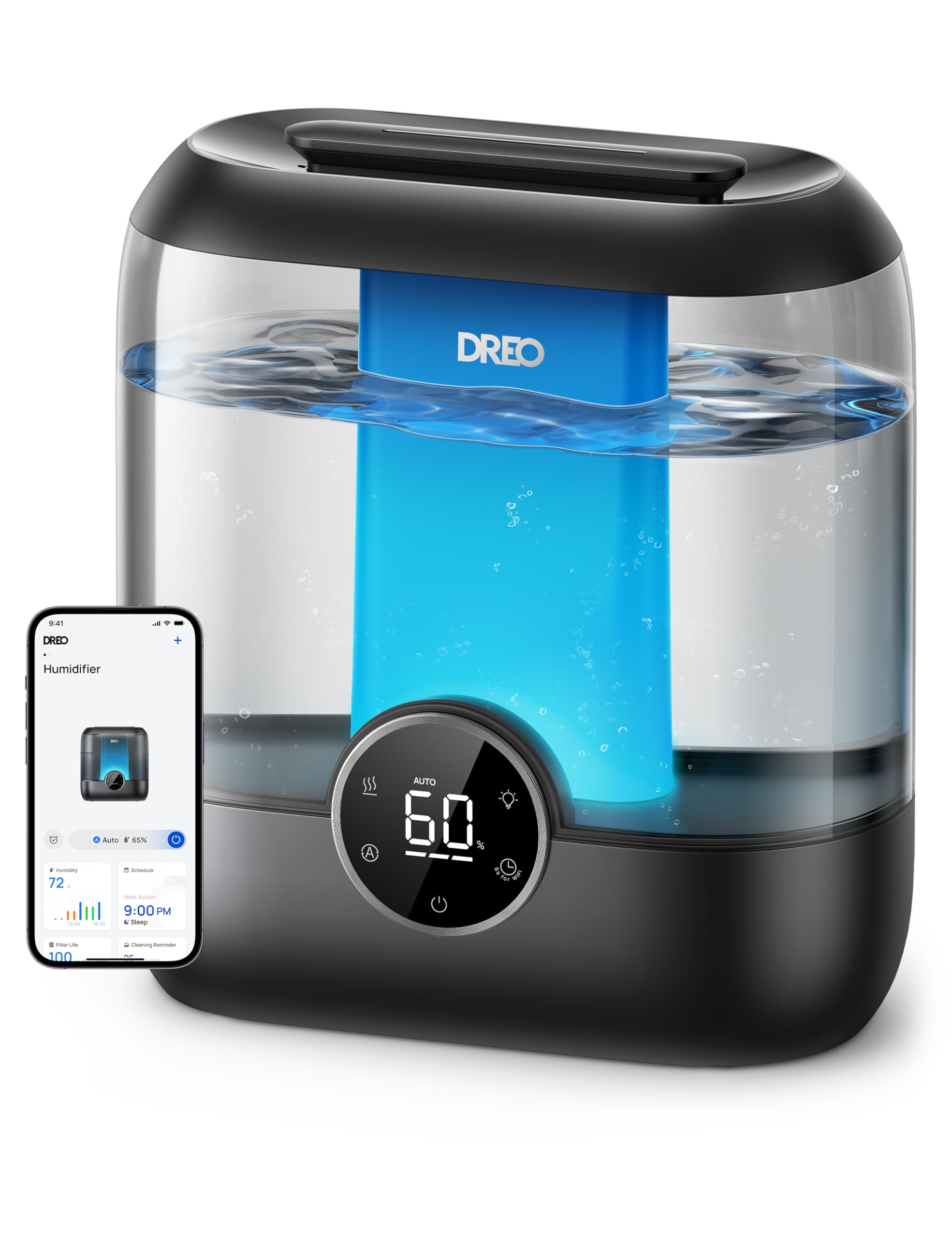 Dreo Smart Humidifiers for Bedroom, 6L Top Fill Supersized Cool Mist Humidifier for Large Room, 60 Hour Runtime, Quiet Ultrasonic Humidifiers for Plants, Baby, Indoor, Home, Night Light, Black