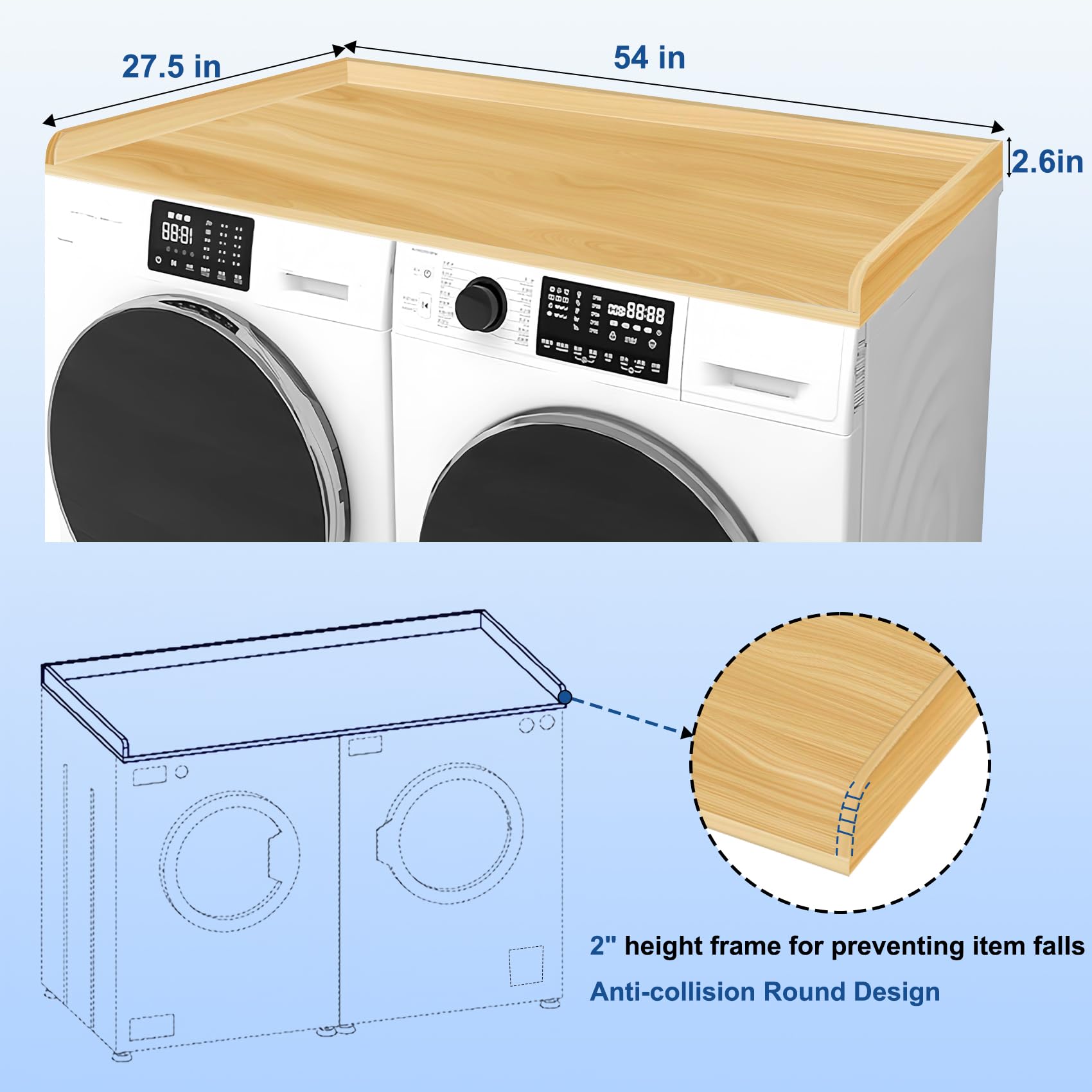 OEM Upgrade Washer Dryer Countertop, Laundry Countertop, Washer and Dryer Countertop Wood, 27.5" Depth x 54" Width with Edge Rails for Laundry Room Storage and Organization -Burlywood (Oak)