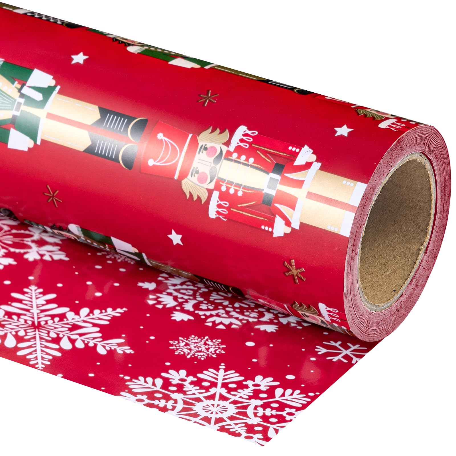 WRAPAHOLIC Reversible Nutcracker Christmas Wrapping Paper - Mini Roll - 17 Inch x 33 Feet - Red Nutcracker and Snowflake Design for Christmas, Holiday, Party Celebration