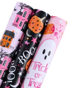 wrapaholic halloween wrapping paper roll - mini roll - 3 rolls - 17 inch x 120 inch per roll - dark magic castle, ghost, pumpkin design for halloween, holiday, party