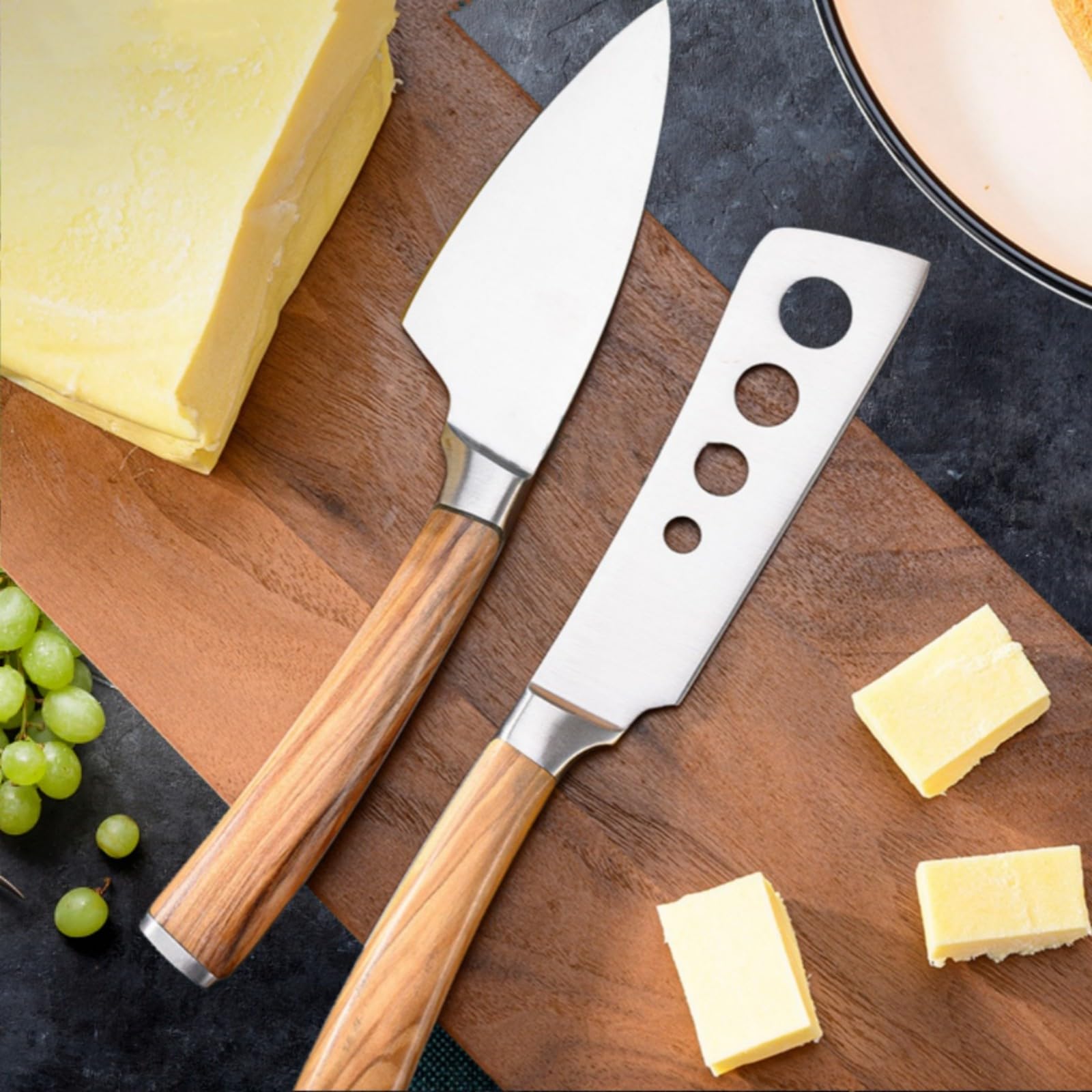 3 Piece Cheese Knife Set with Bamboo Box for Charcuterie Board, Olive Wood Stainless Steel Cheese Knives, Perfect for Hard and Soft Cheese Slicer and Cutter, Gift Set