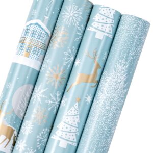 WRAPAHOLIC Christmas Wrapping Paper Roll - Blue and Silver Reindeer, Christmas Tree, Snowflake Holiday Design Printed on Pearlized Paper - 4 Rolls - 30 Inch x 120 Inch Per Roll