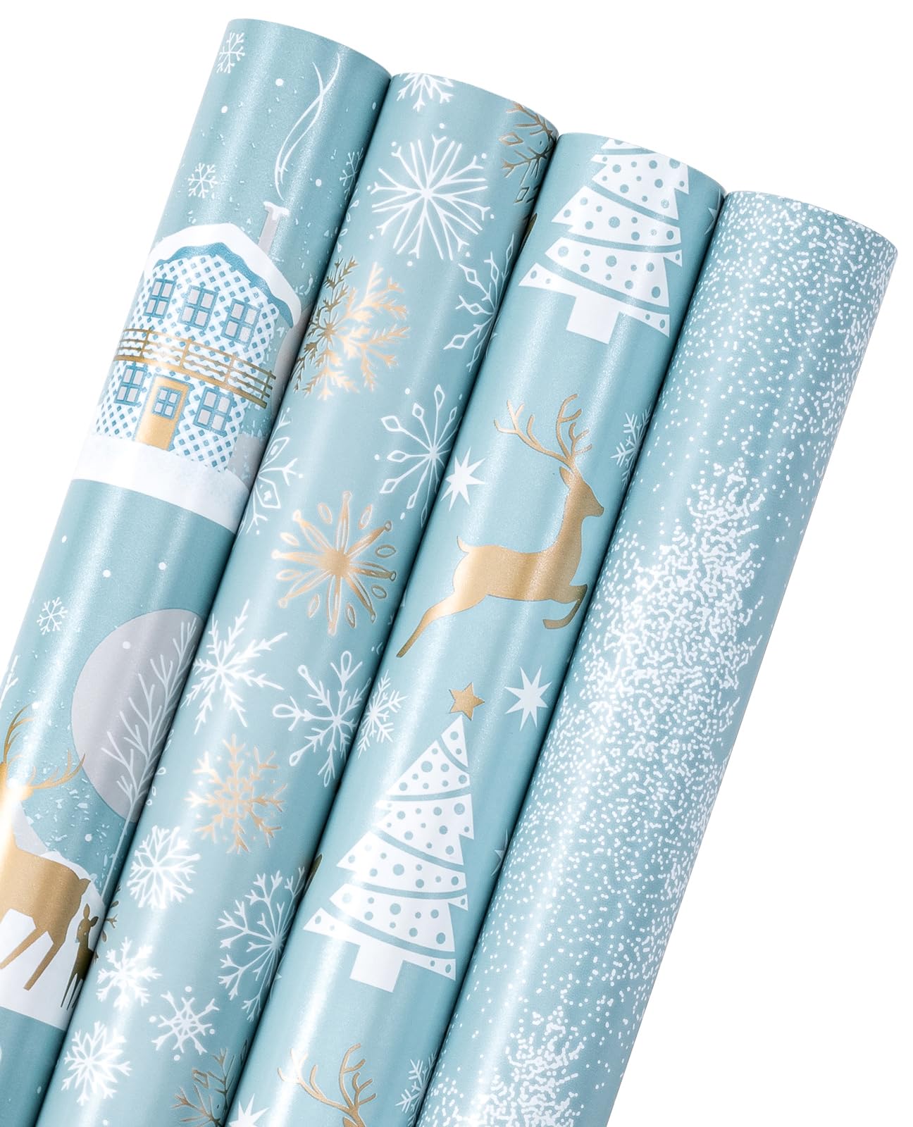 WRAPAHOLIC Christmas Wrapping Paper Roll - Blue and Silver Reindeer, Christmas Tree, Snowflake Holiday Design Printed on Pearlized Paper - 4 Rolls - 30 Inch x 120 Inch Per Roll