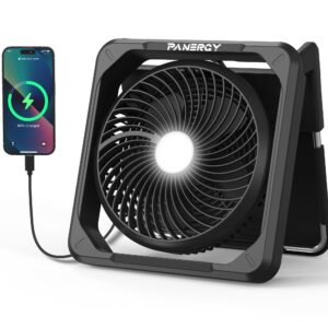 panergy 11” portable camping fan with led light, solar powered & battery powered fan, 3 speeds detachable high efficiency solar fan, head rotation, cordless desk fan for outdoor car rv emergency