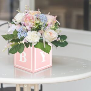 4 Pcs Baby Shower Flower Boxes Table Centerpieces Decoration Pink Baby Block Floral Holder Centerpiece Baby in Bloom Gender Reveal Birthday Party Decors Table Display Its A Girl Its A Boy